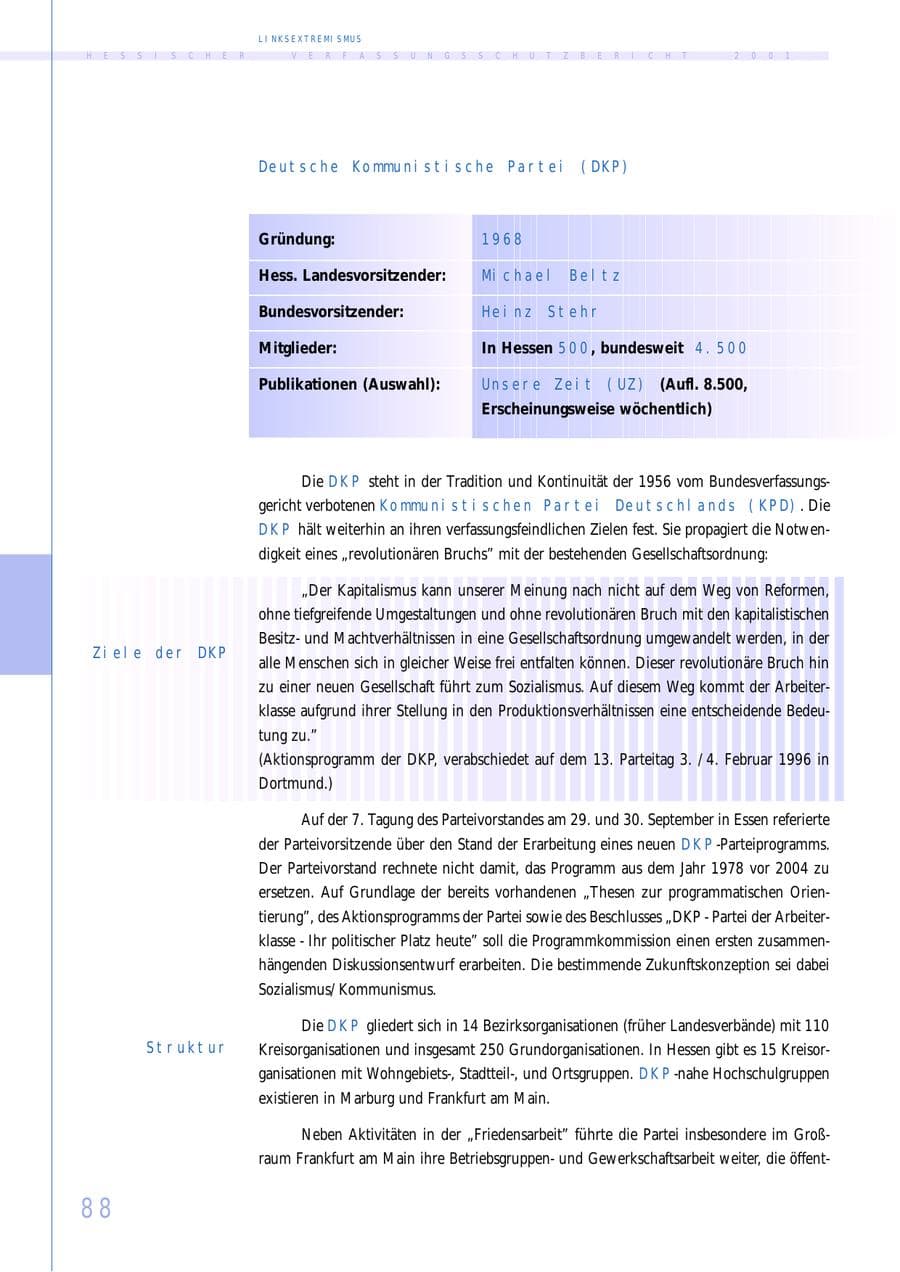 Seite 88 des Verfassungsschutzbericht 2001 Hessen
