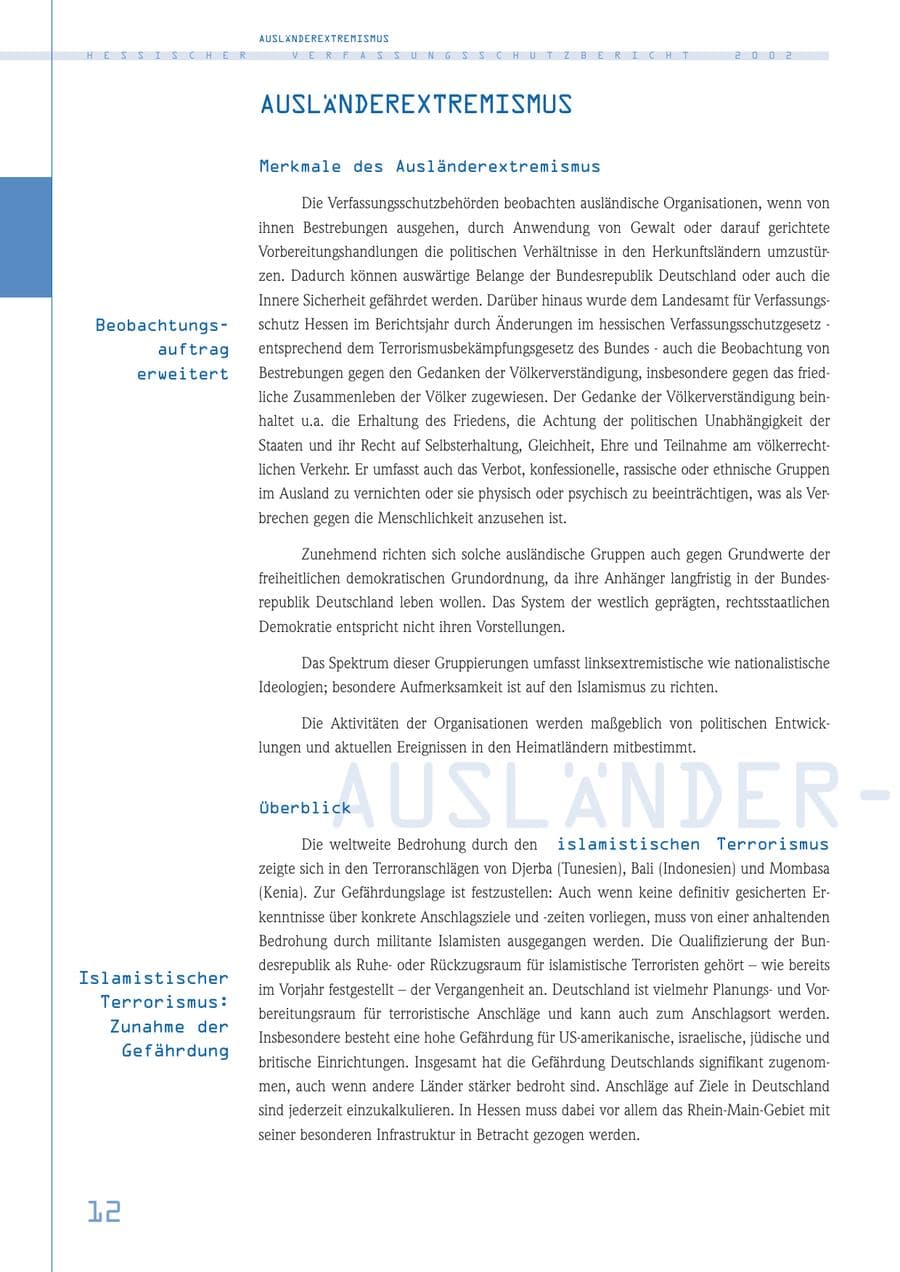 Seite 12 des Verfassungsschutzbericht 2002 Hessen