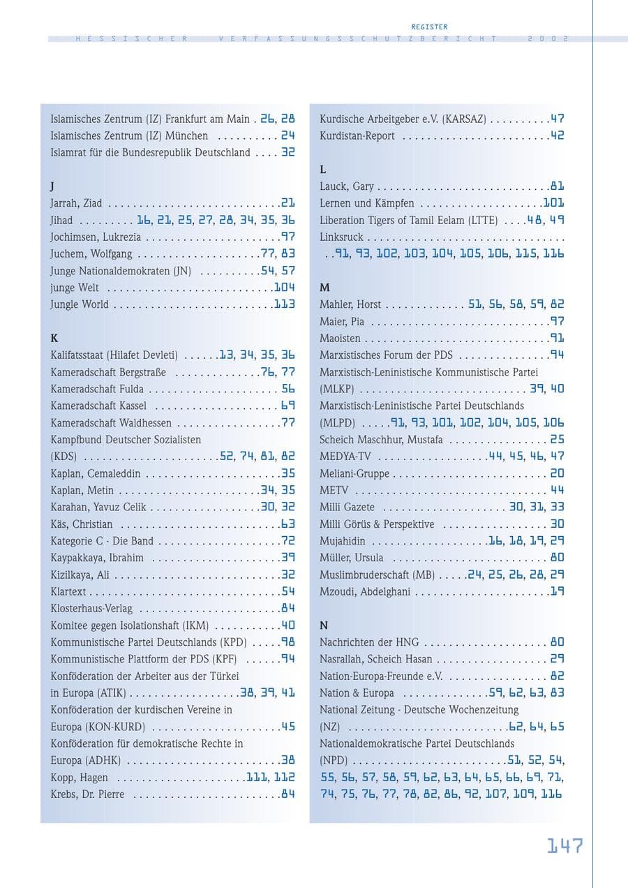 Seite 147 des Verfassungsschutzbericht 2002 Hessen