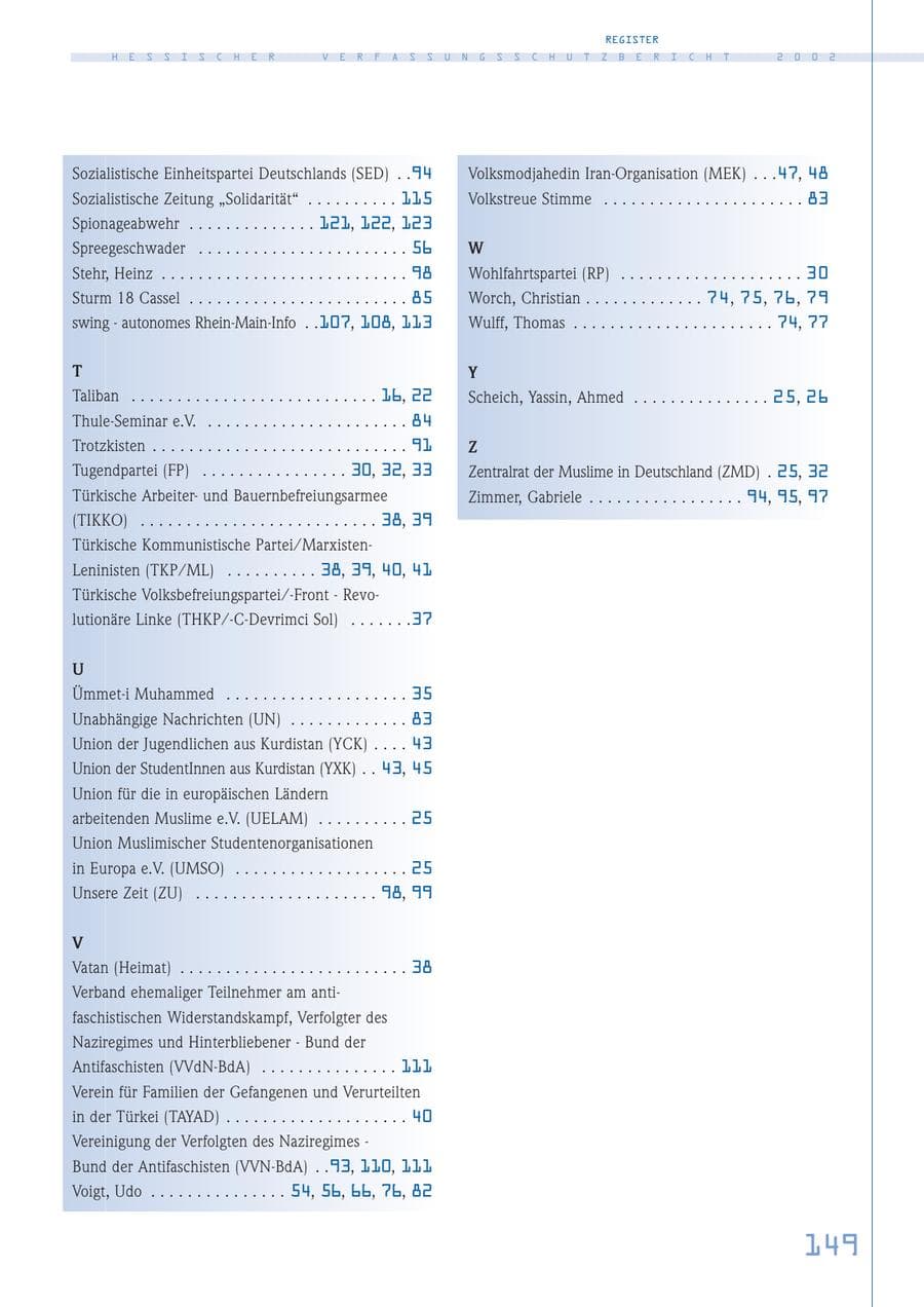 Seite 149 des Verfassungsschutzbericht 2002 Hessen
