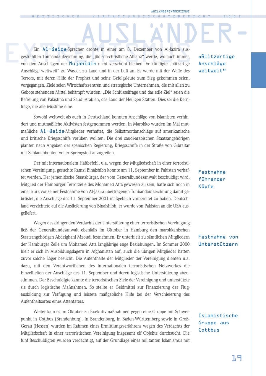 Seite 19 des Verfassungsschutzbericht 2002 Hessen
