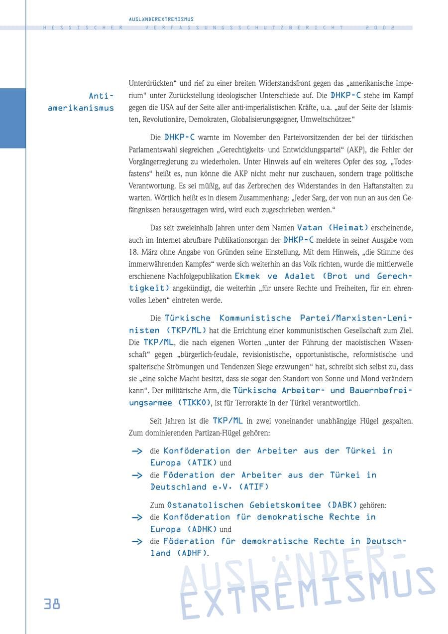 Seite 38 des Verfassungsschutzbericht 2002 Hessen