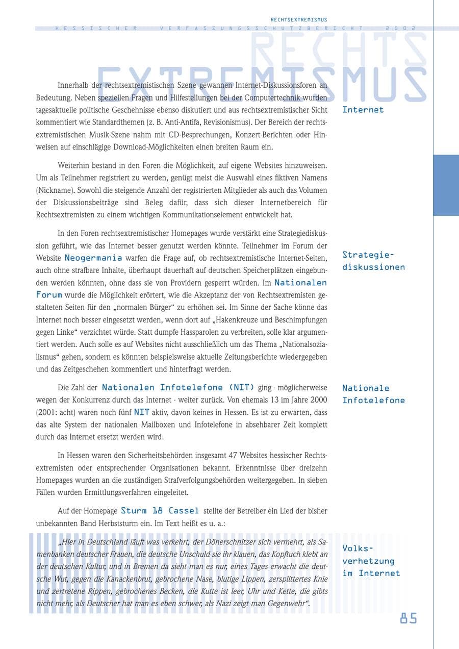 Seite 85 des Verfassungsschutzbericht 2002 Hessen