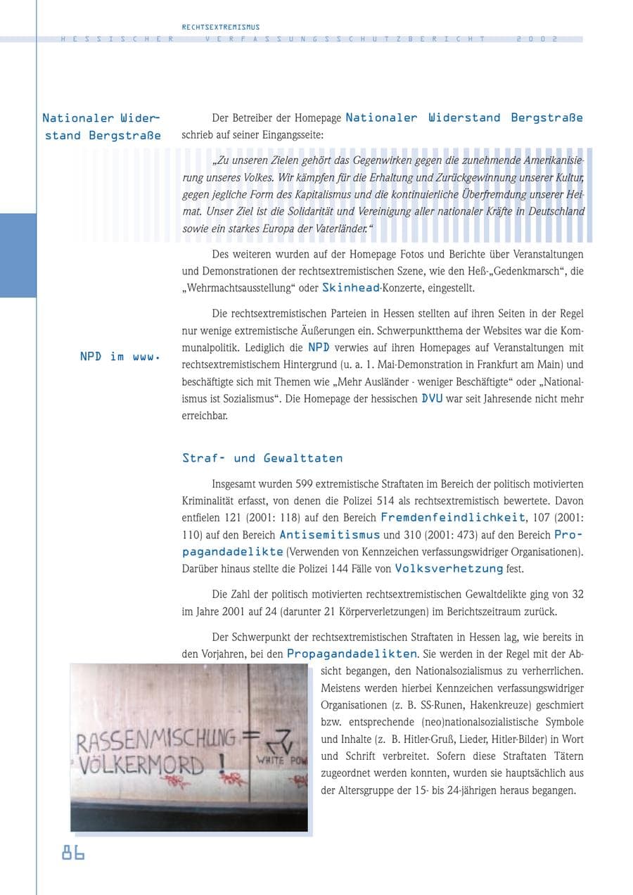 Seite 86 des Verfassungsschutzbericht 2002 Hessen