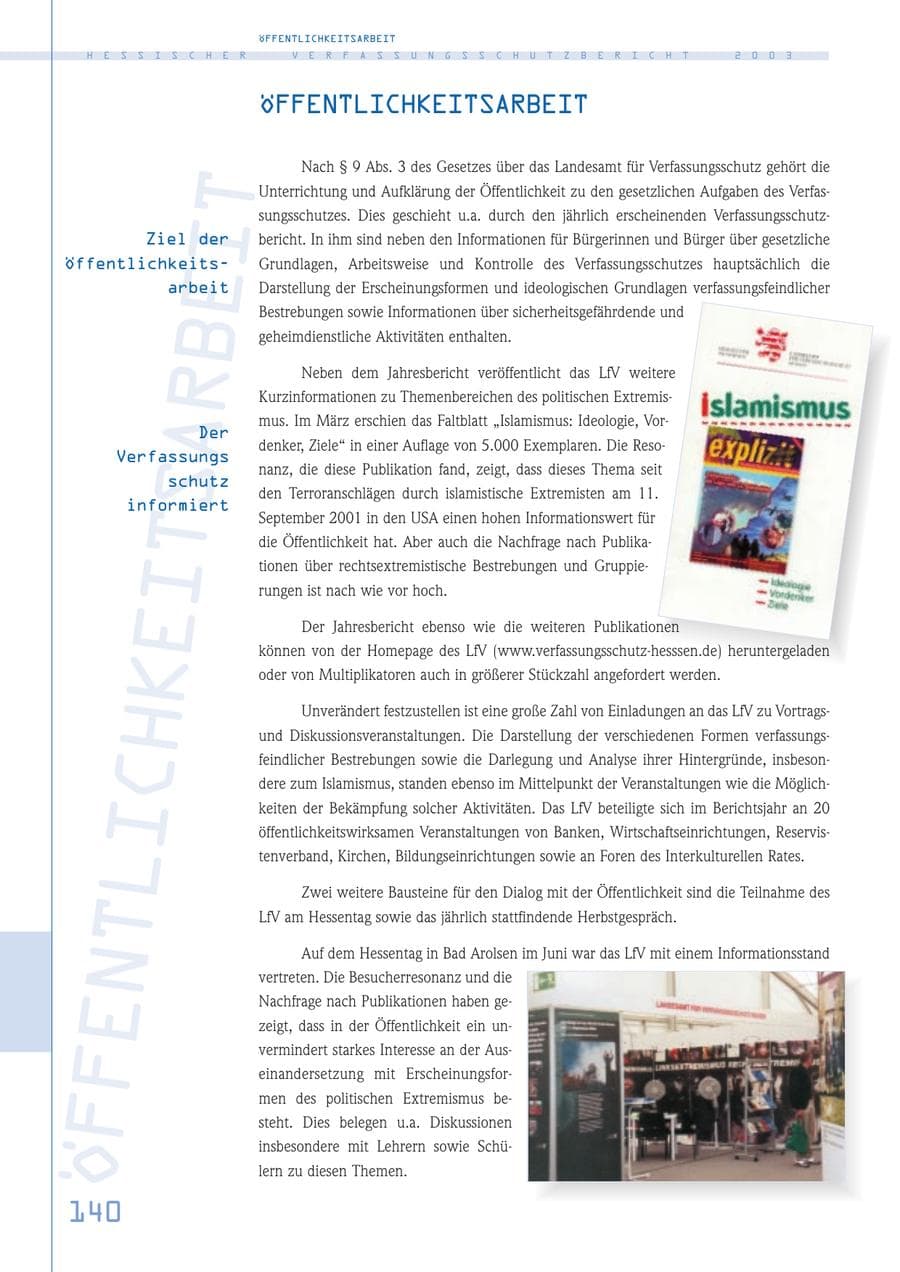 Seite 141 des Verfassungsschutzbericht 2003 Hessen