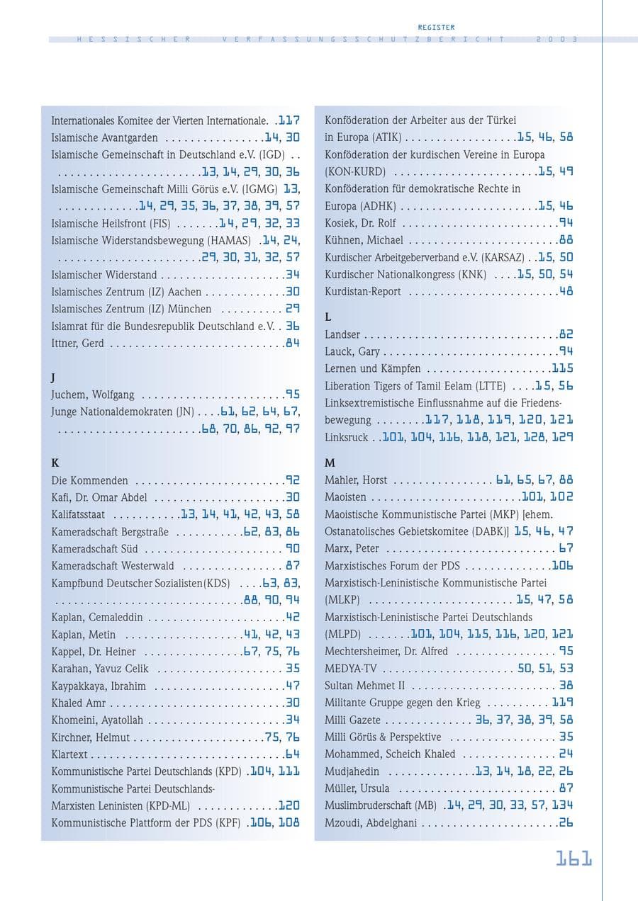 Seite 162 des Verfassungsschutzbericht 2003 Hessen