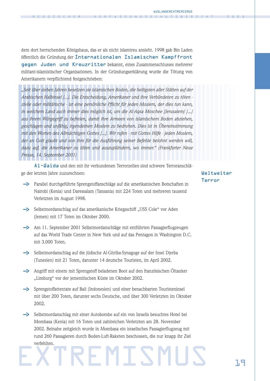 Seite 20 des Verfassungsschutzbericht 2003 Hessen