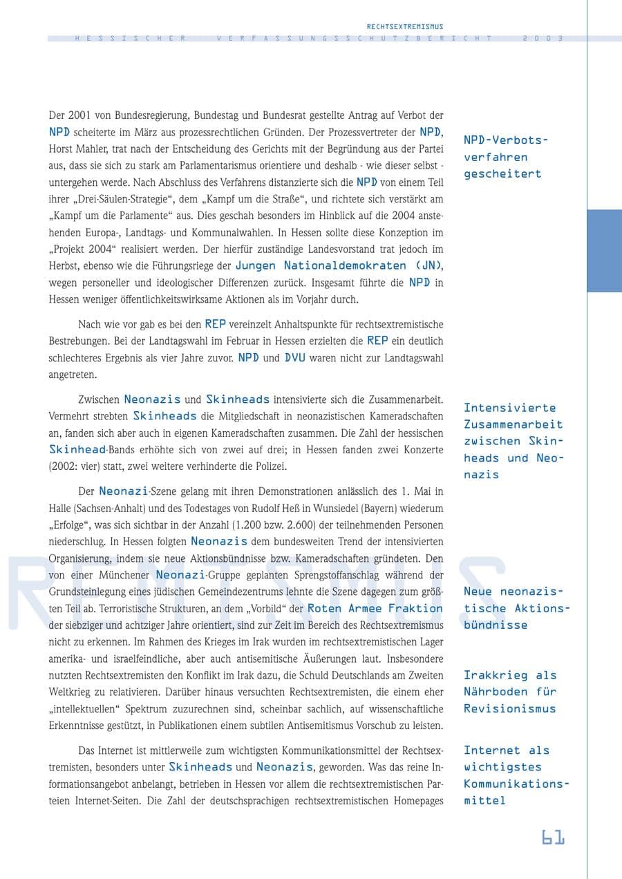 Seite 62 des Verfassungsschutzbericht 2003 Hessen
