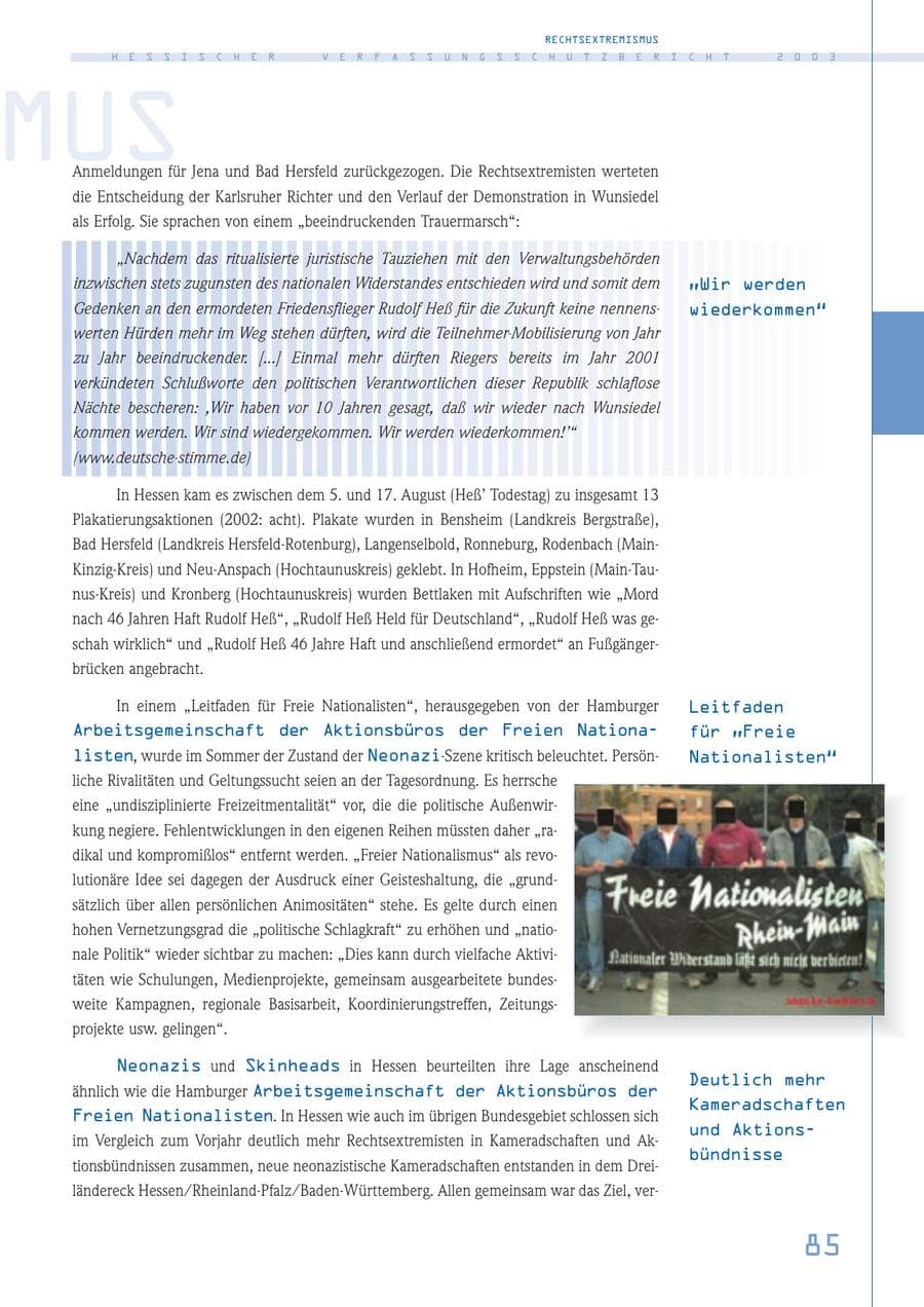 Seite 86 des Verfassungsschutzbericht 2003 Hessen