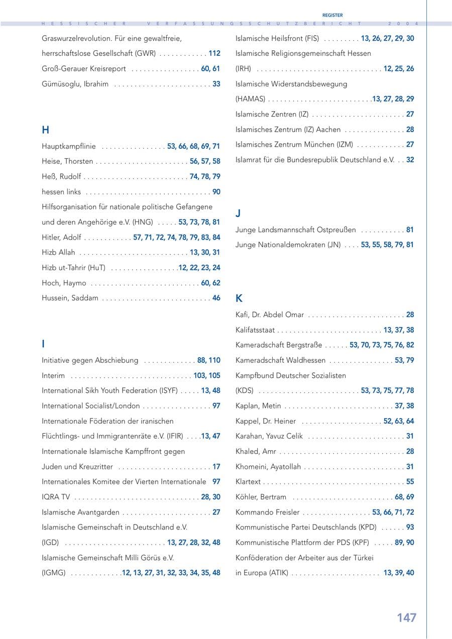 Seite 148 des Verfassungsschutzbericht 2004 Hessen
