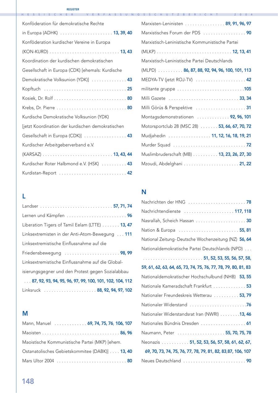 Seite 149 des Verfassungsschutzbericht 2004 Hessen