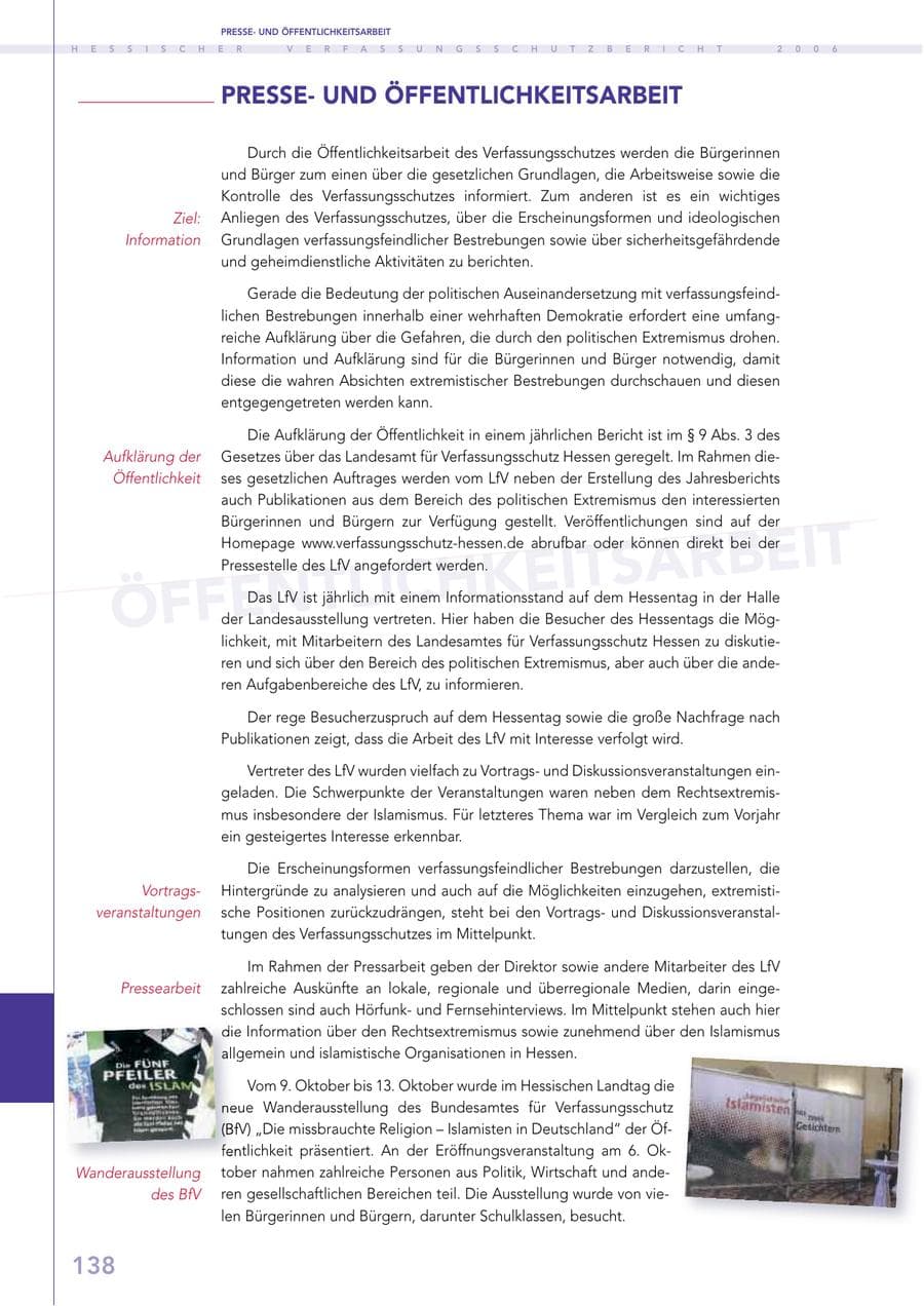 Seite 138 des Verfassungsschutzbericht 2006 Hessen