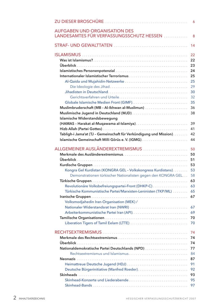 Seite 2 des Verfassungsschutzbericht 2007 Hessen