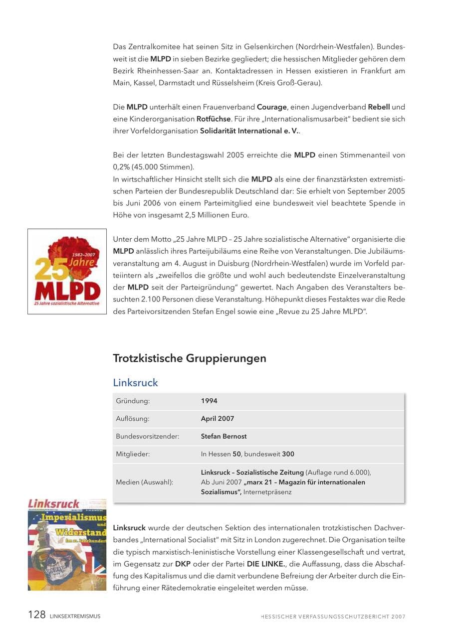 Seite 128 des Verfassungsschutzbericht 2007 Hessen