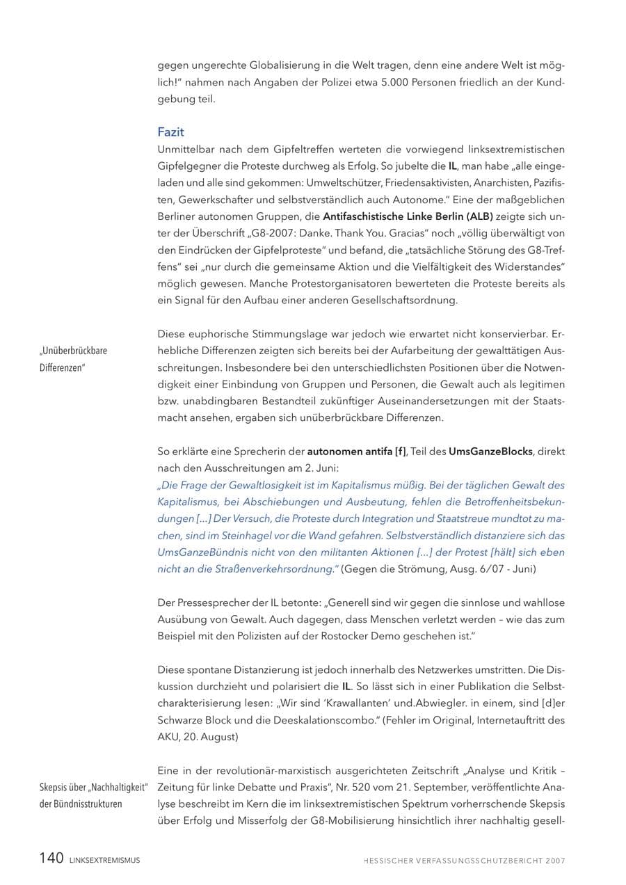 Seite 140 des Verfassungsschutzbericht 2007 Hessen
