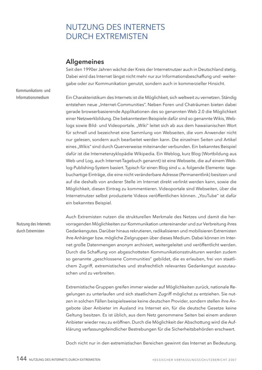Seite 144 des Verfassungsschutzbericht 2007 Hessen