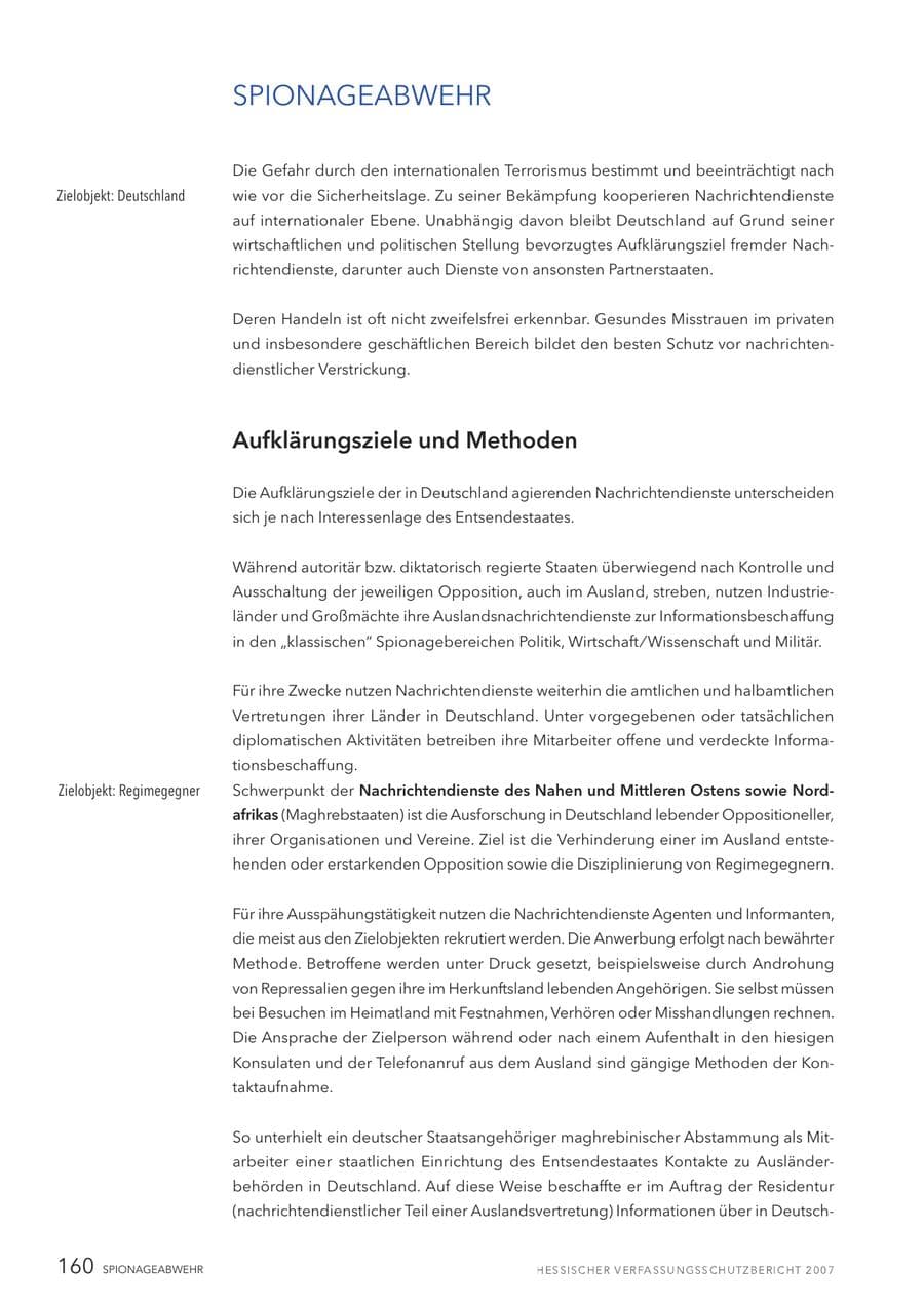 Seite 160 des Verfassungsschutzbericht 2007 Hessen
