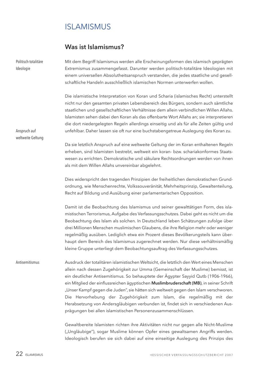 Seite 22 des Verfassungsschutzbericht 2007 Hessen