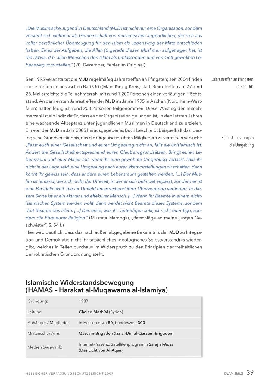 Seite 39 des Verfassungsschutzbericht 2007 Hessen