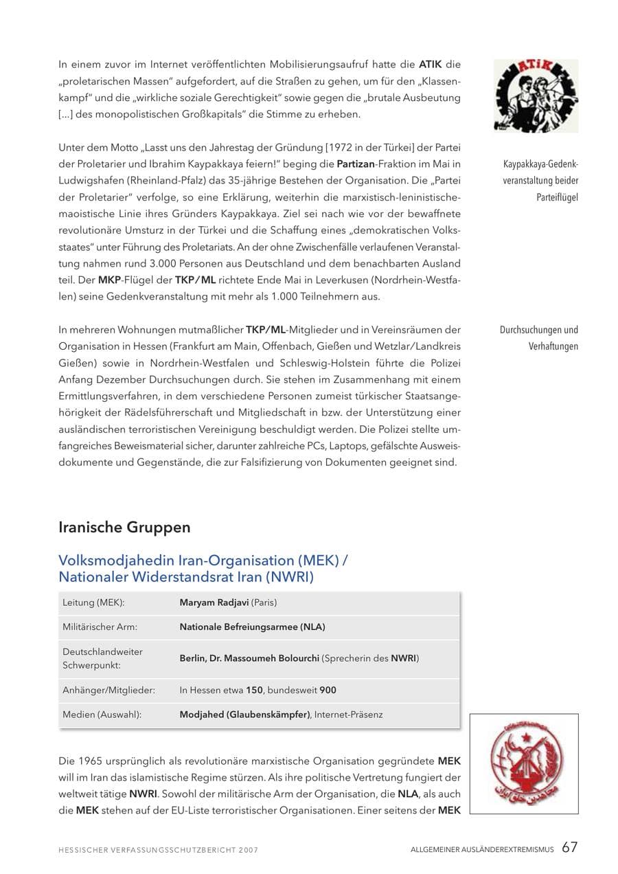 Seite 67 des Verfassungsschutzbericht 2007 Hessen