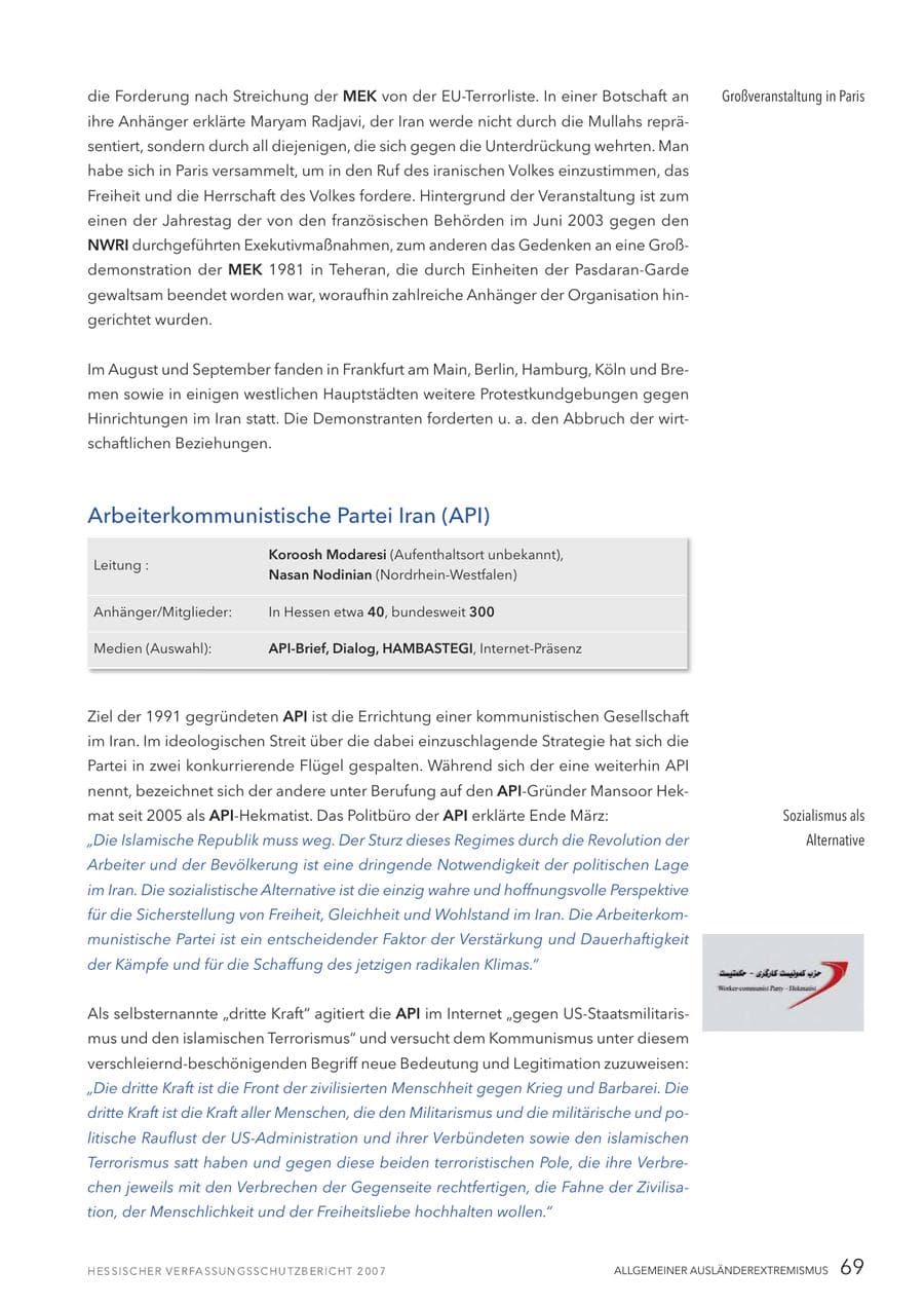Seite 69 des Verfassungsschutzbericht 2007 Hessen