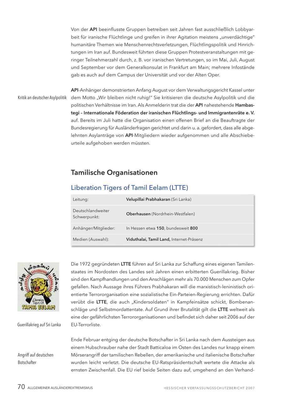 Seite 70 des Verfassungsschutzbericht 2007 Hessen
