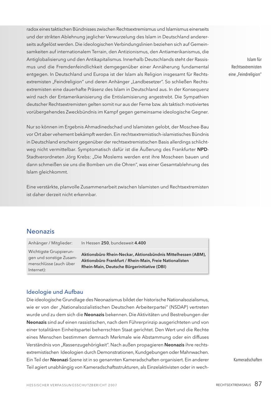 Seite 87 des Verfassungsschutzbericht 2007 Hessen