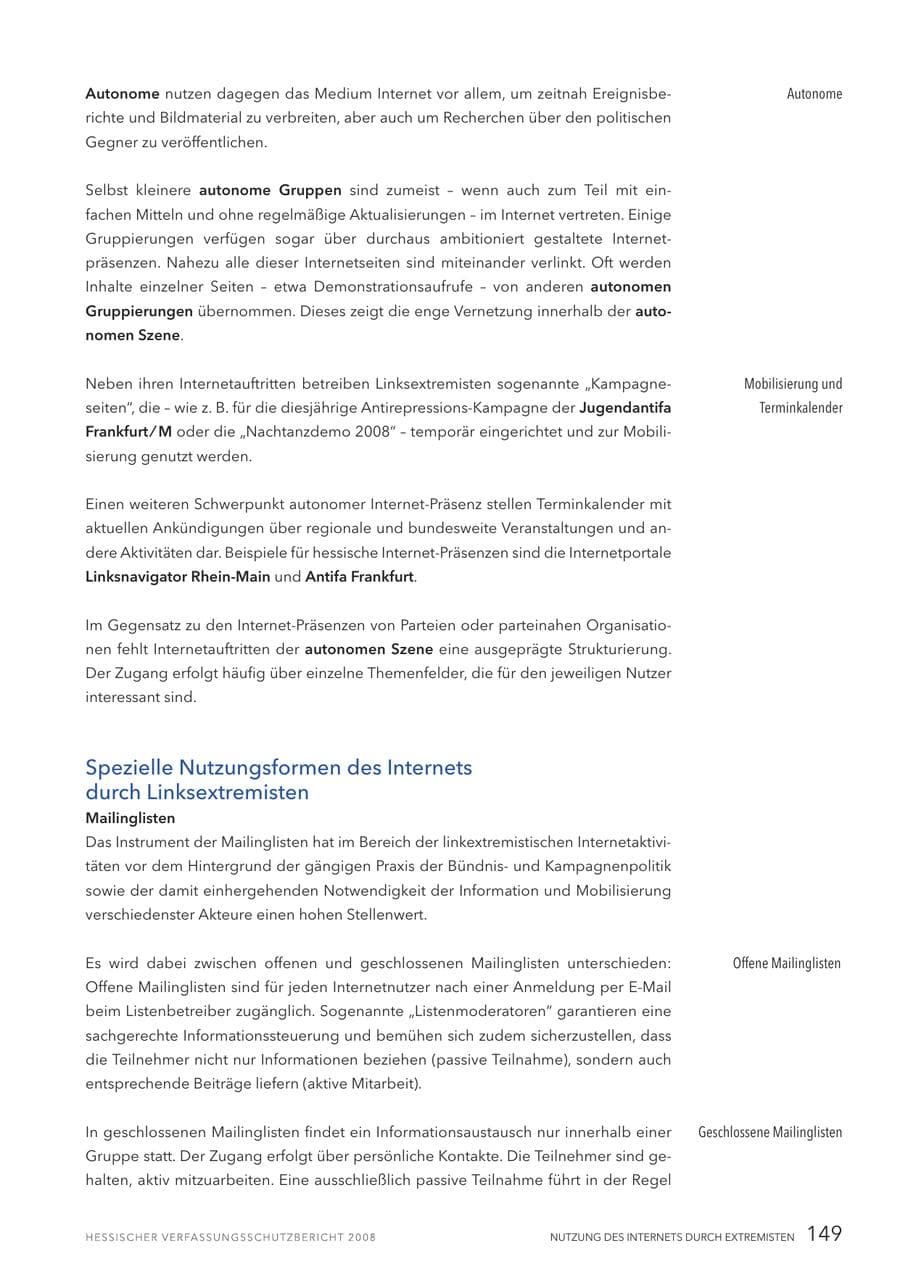 Seite 150 des Verfassungsschutzbericht 2008 Hessen