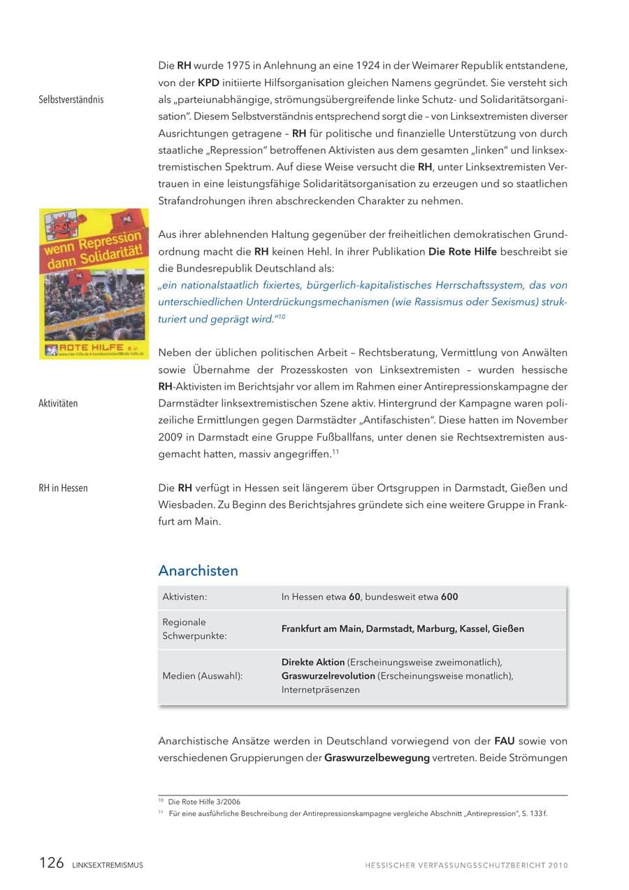 Seite 128 des Verfassungsschutzbericht 2010 Hessen