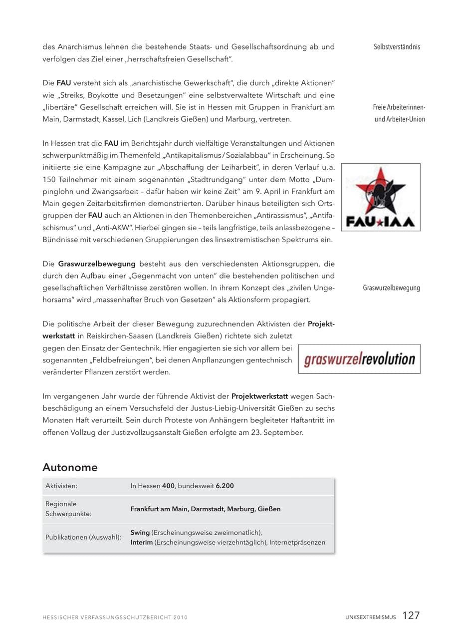 Seite 129 des Verfassungsschutzbericht 2010 Hessen