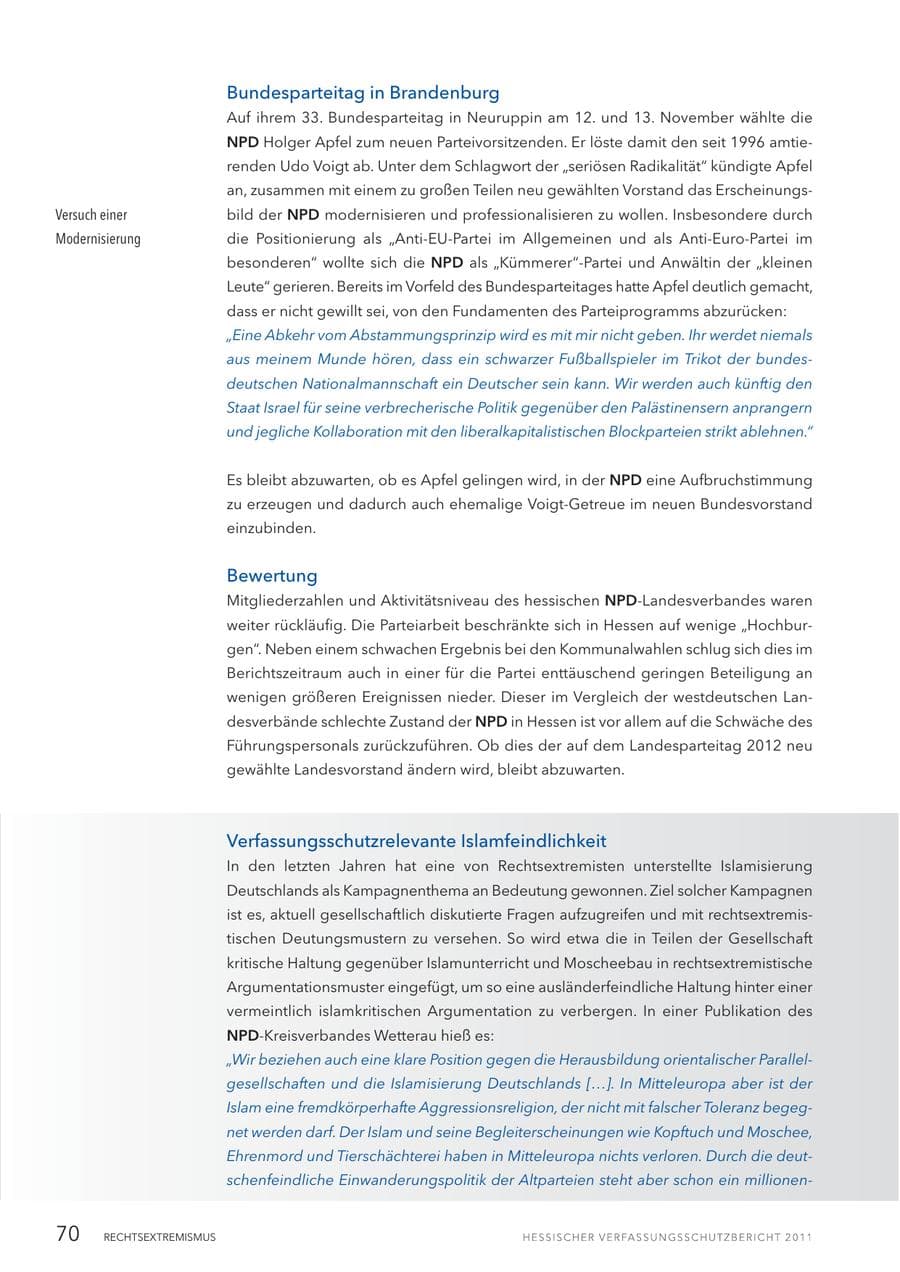 Seite 72 des Verfassungsschutzbericht 2011 Hessen