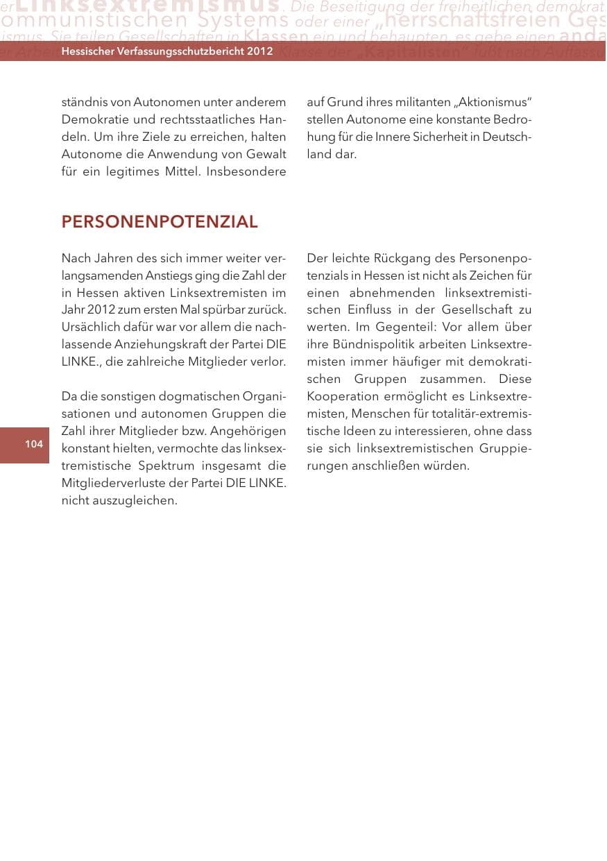 Seite 104 des Verfassungsschutzbericht 2012 Hessen