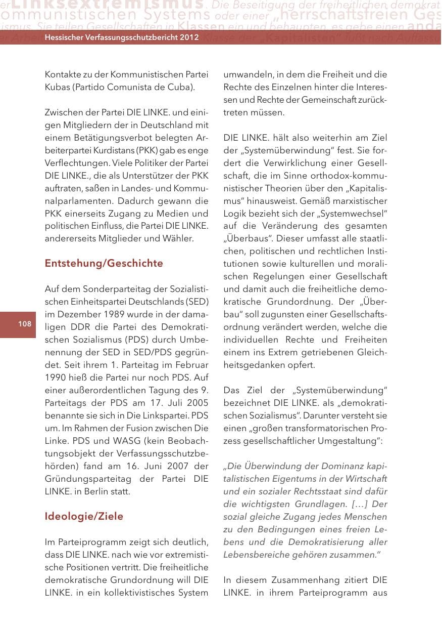 Seite 108 des Verfassungsschutzbericht 2012 Hessen