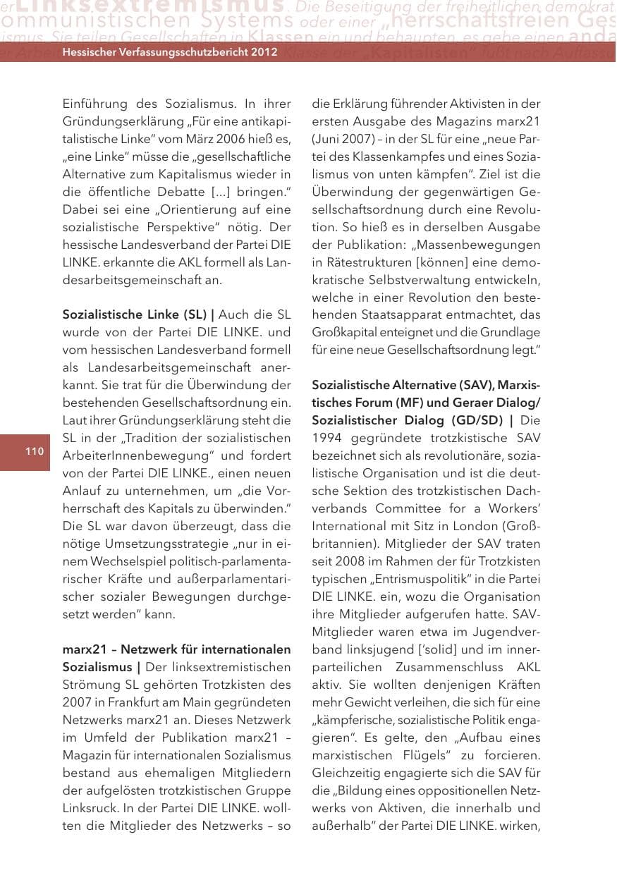 Seite 110 des Verfassungsschutzbericht 2012 Hessen