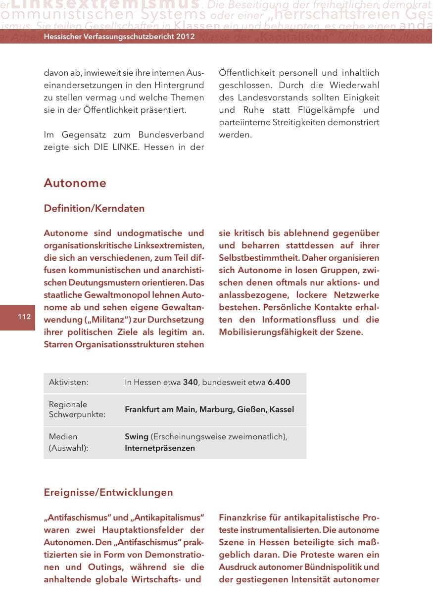 Seite 112 des Verfassungsschutzbericht 2012 Hessen