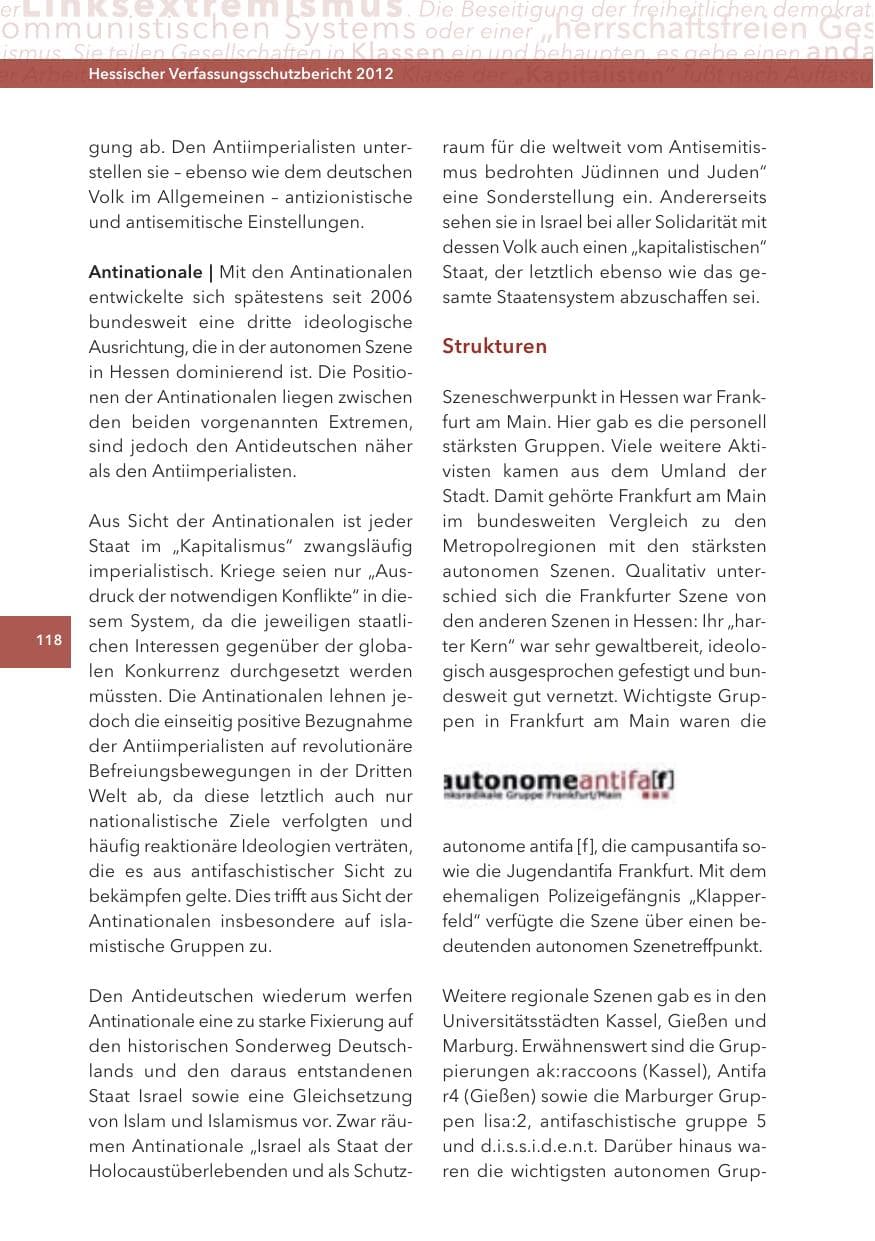 Seite 118 des Verfassungsschutzbericht 2012 Hessen