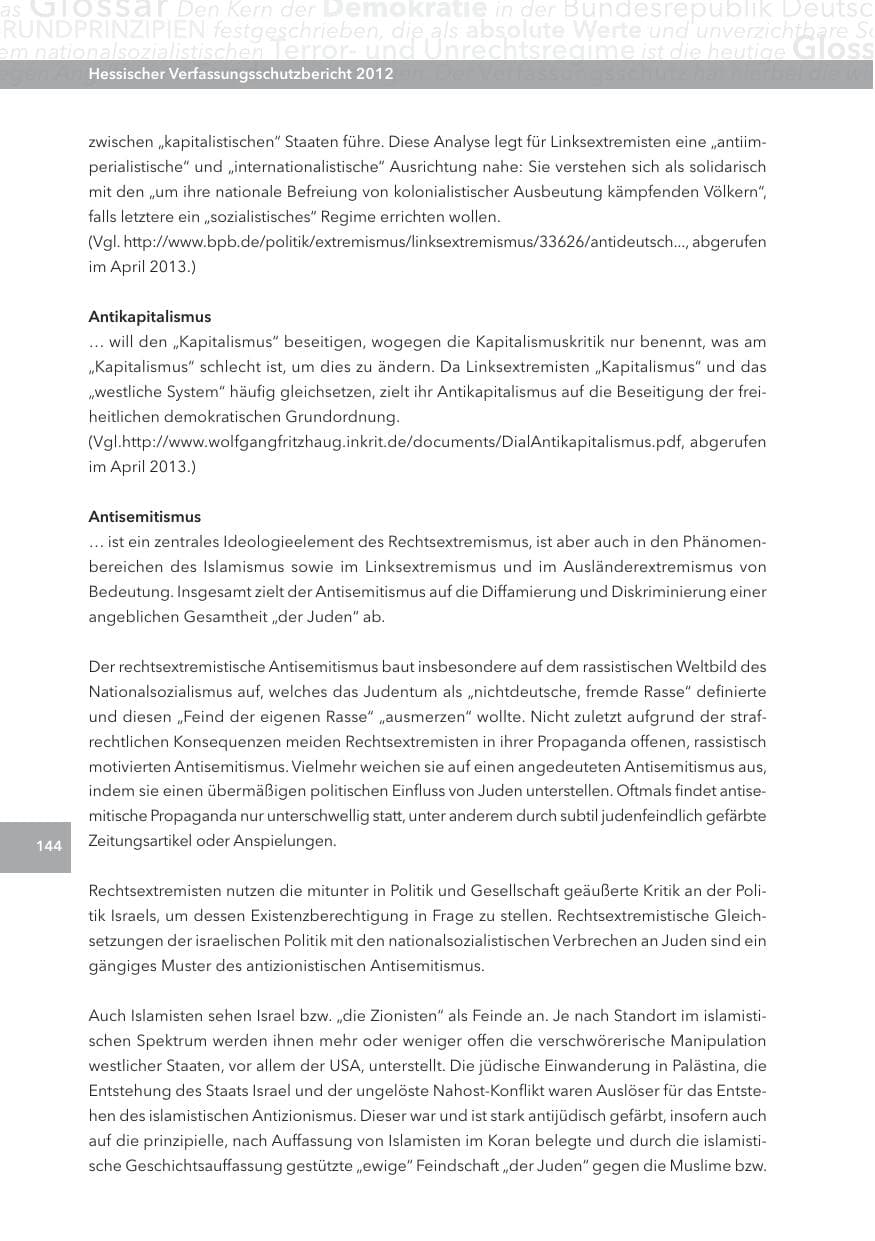Seite 144 des Verfassungsschutzbericht 2012 Hessen