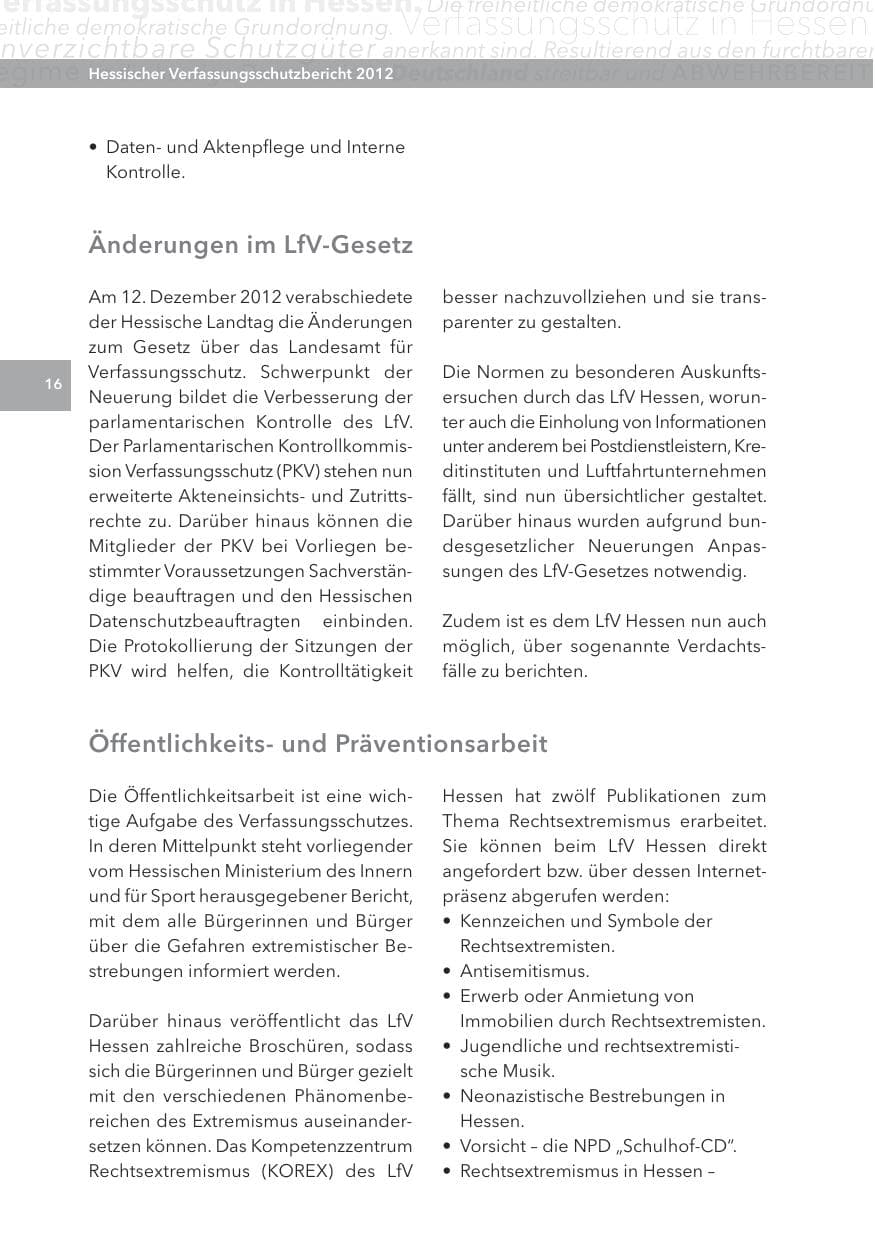 Seite 16 des Verfassungsschutzbericht 2012 Hessen