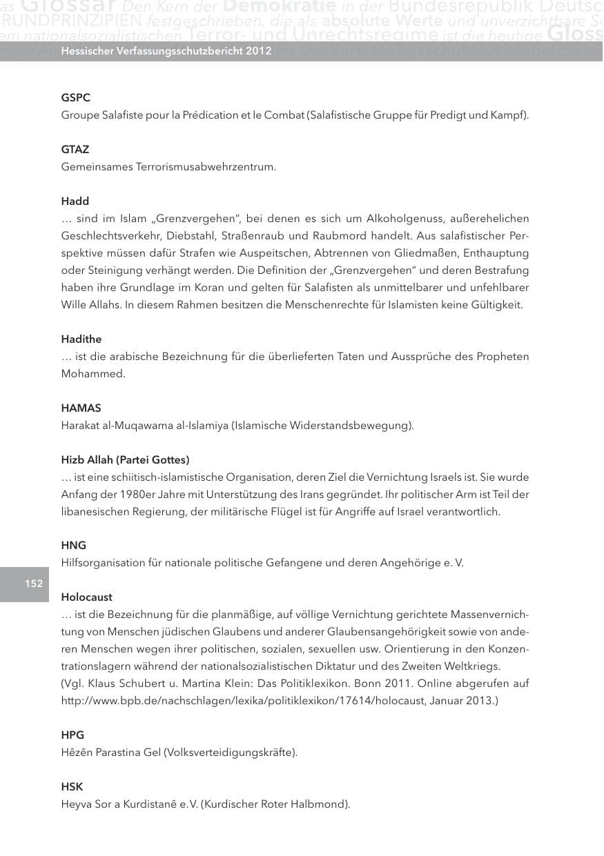 Seite 152 des Verfassungsschutzbericht 2012 Hessen