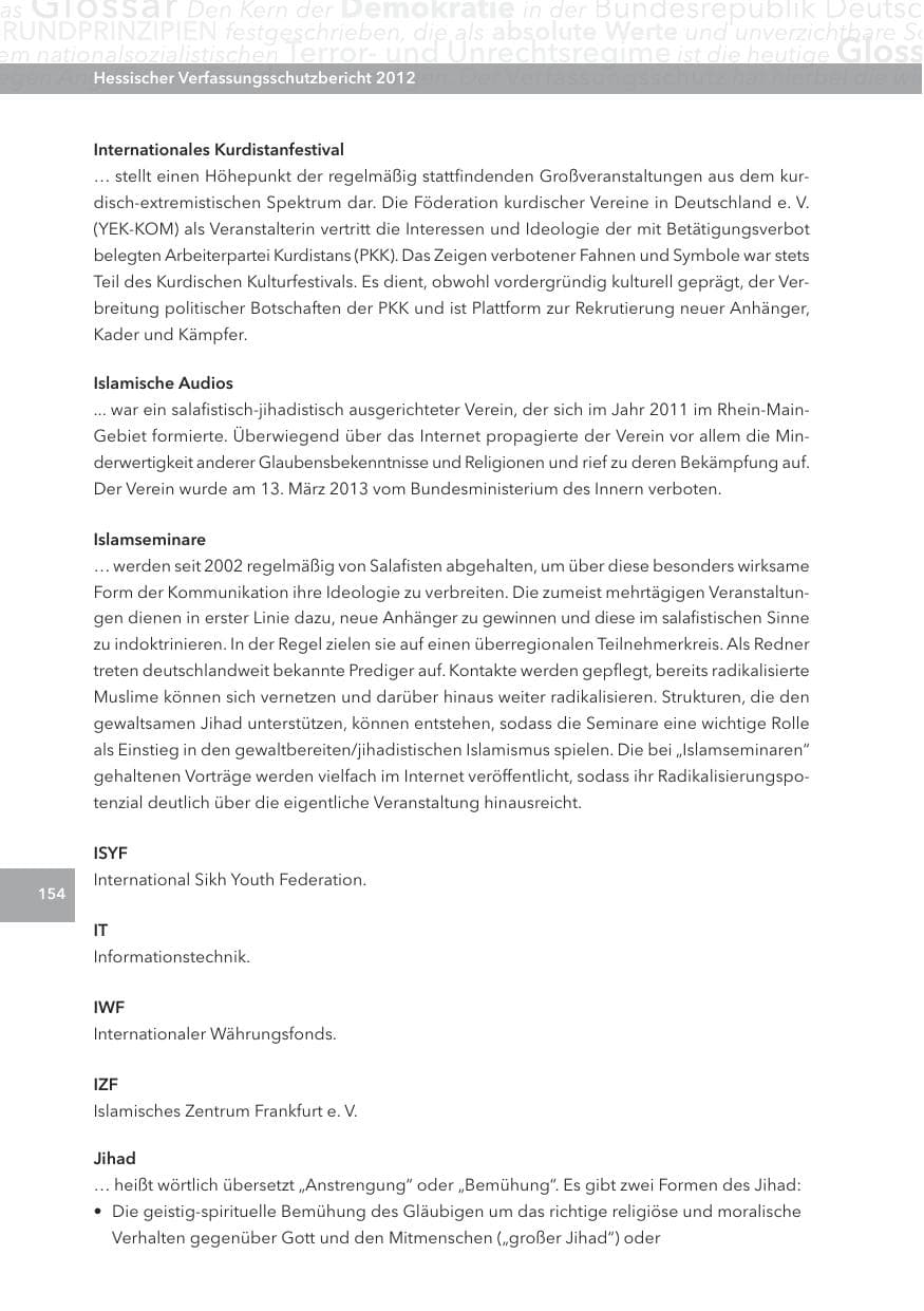Seite 154 des Verfassungsschutzbericht 2012 Hessen