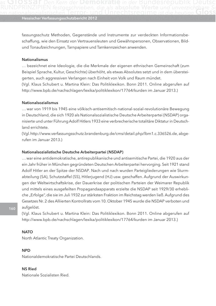 Seite 160 des Verfassungsschutzbericht 2012 Hessen