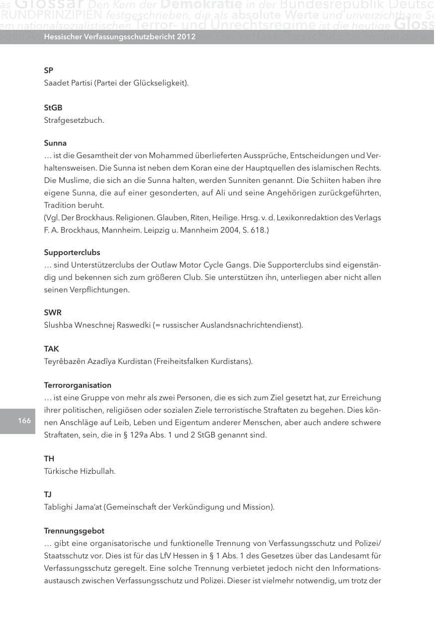 Seite 166 des Verfassungsschutzbericht 2012 Hessen