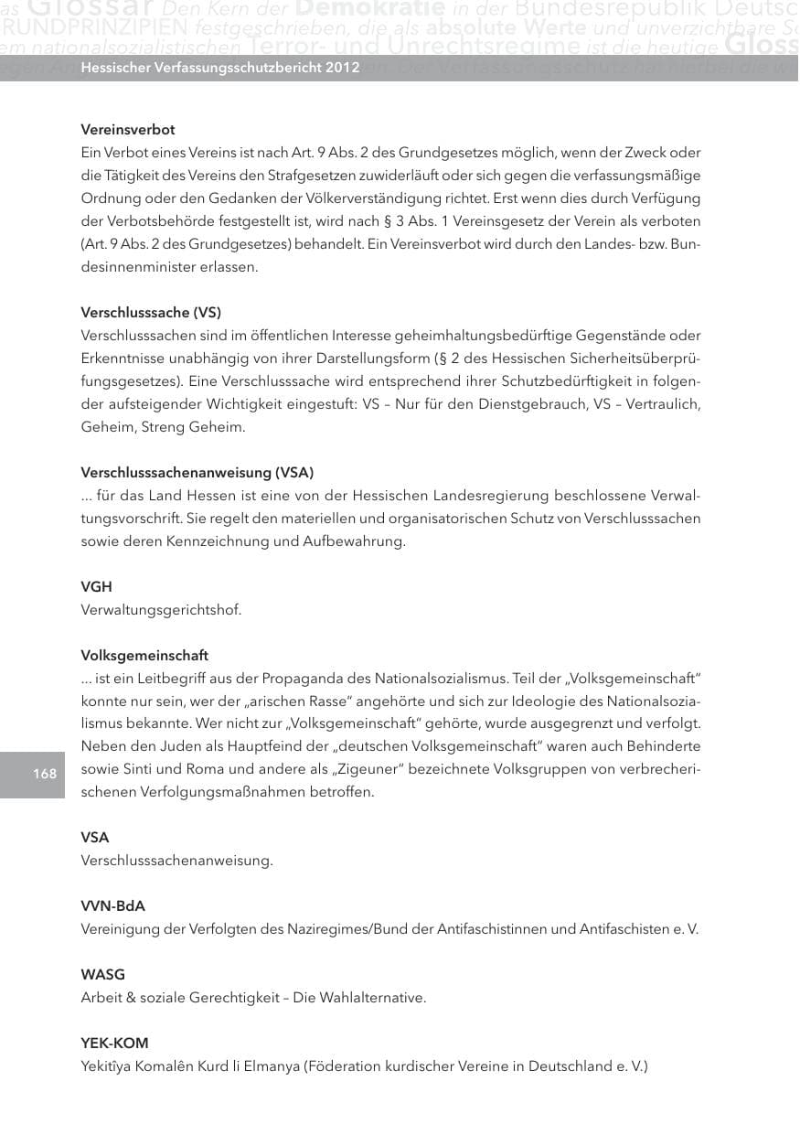 Seite 168 des Verfassungsschutzbericht 2012 Hessen