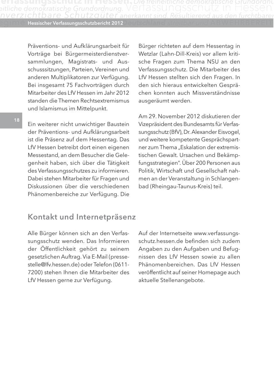 Seite 18 des Verfassungsschutzbericht 2012 Hessen
