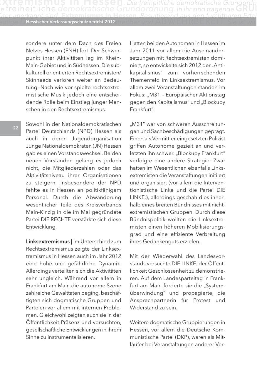 Seite 22 des Verfassungsschutzbericht 2012 Hessen