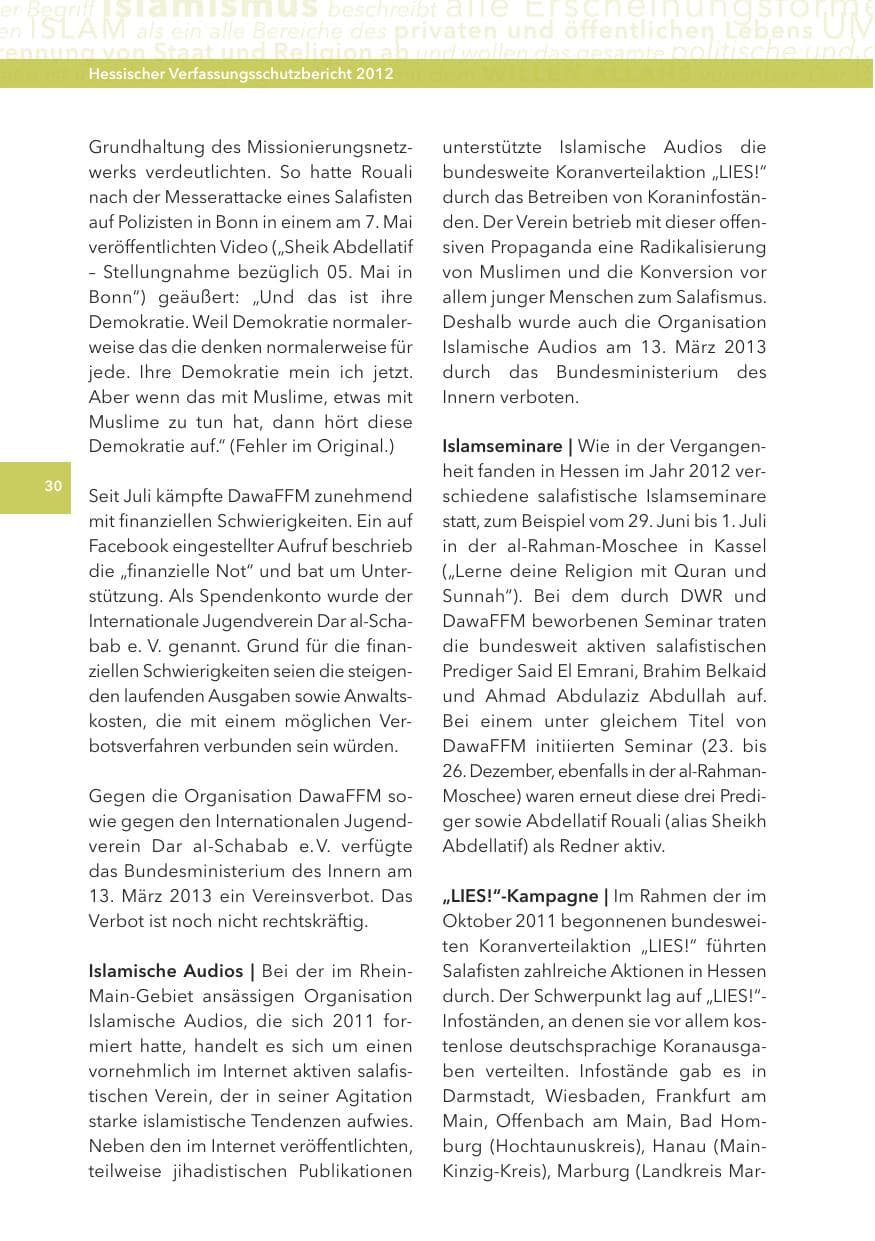 Seite 30 des Verfassungsschutzbericht 2012 Hessen