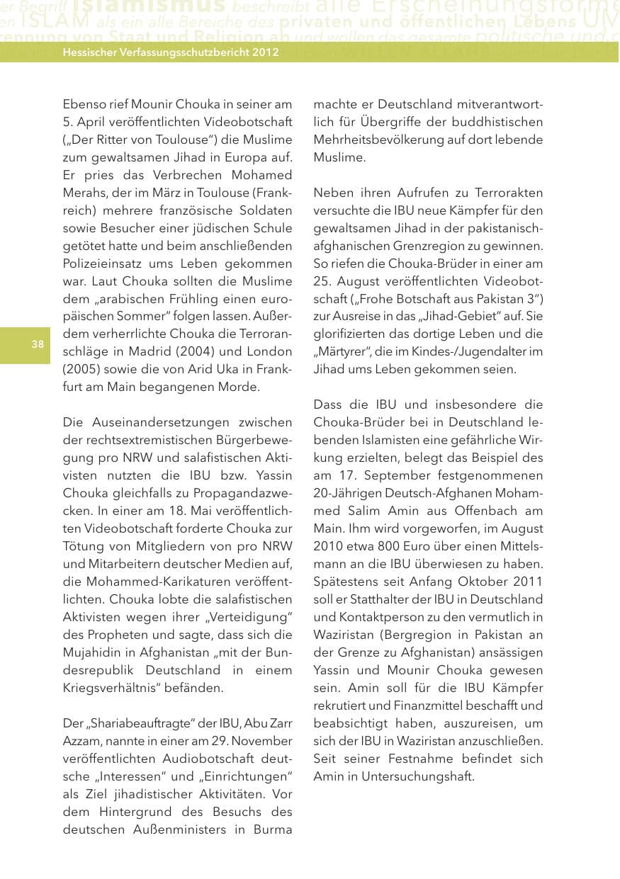 Seite 38 des Verfassungsschutzbericht 2012 Hessen