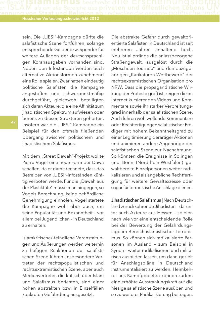 Seite 42 des Verfassungsschutzbericht 2012 Hessen