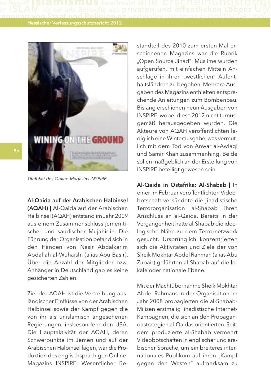 Seite 56 des Verfassungsschutzbericht 2012 Hessen