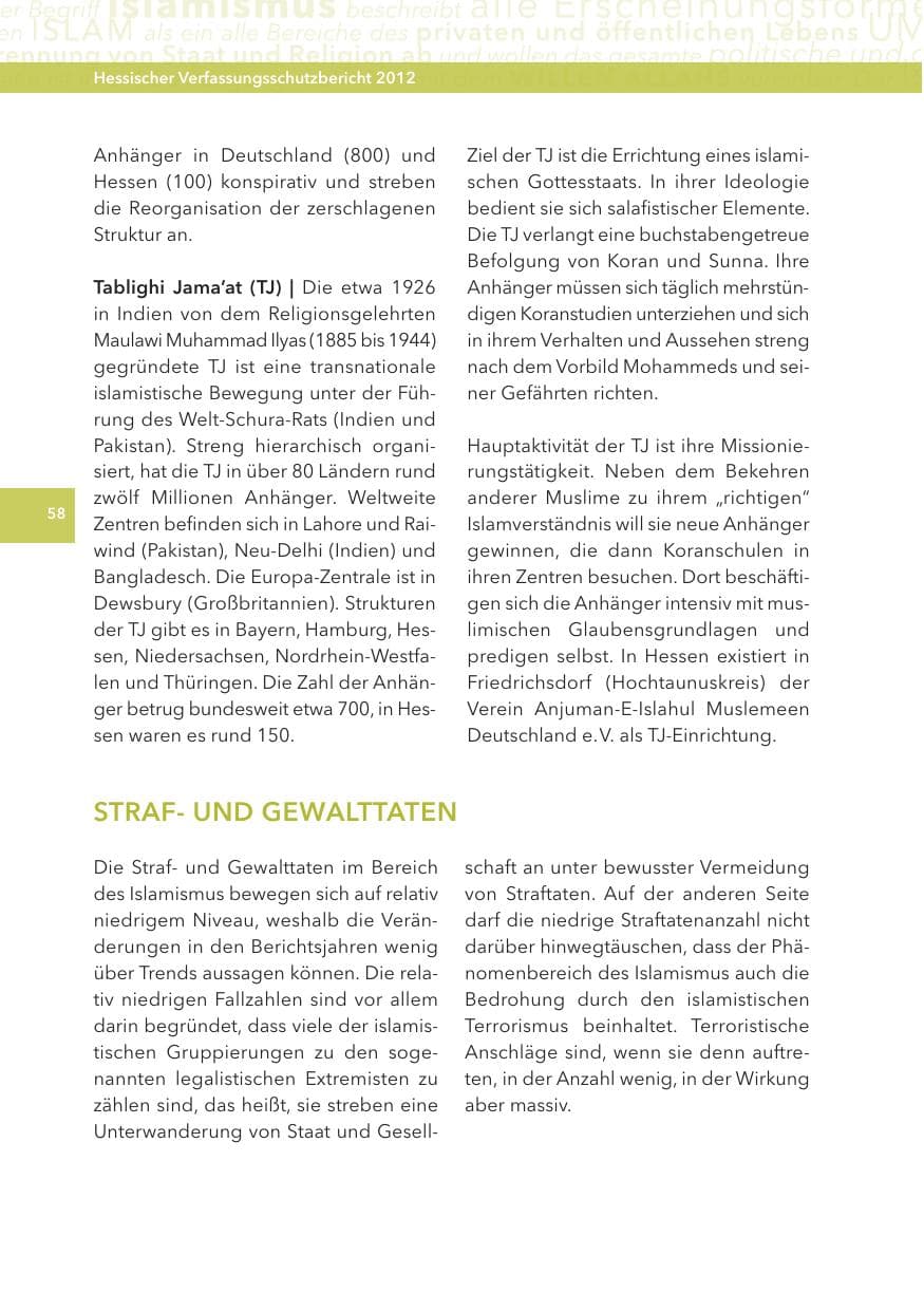 Seite 58 des Verfassungsschutzbericht 2012 Hessen